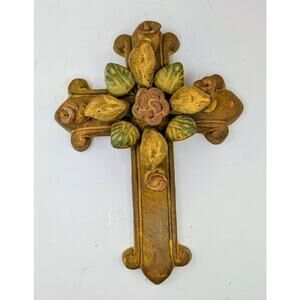Mexican Folk Art Cross Terra Cotta Clay Religious Floral Crucifix 8.75 X 3.25"